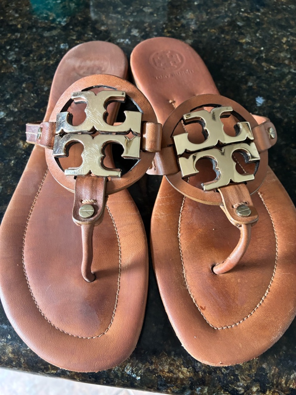 Tory Burch Brown Leather Miller Thong Sandals with Gold Logo